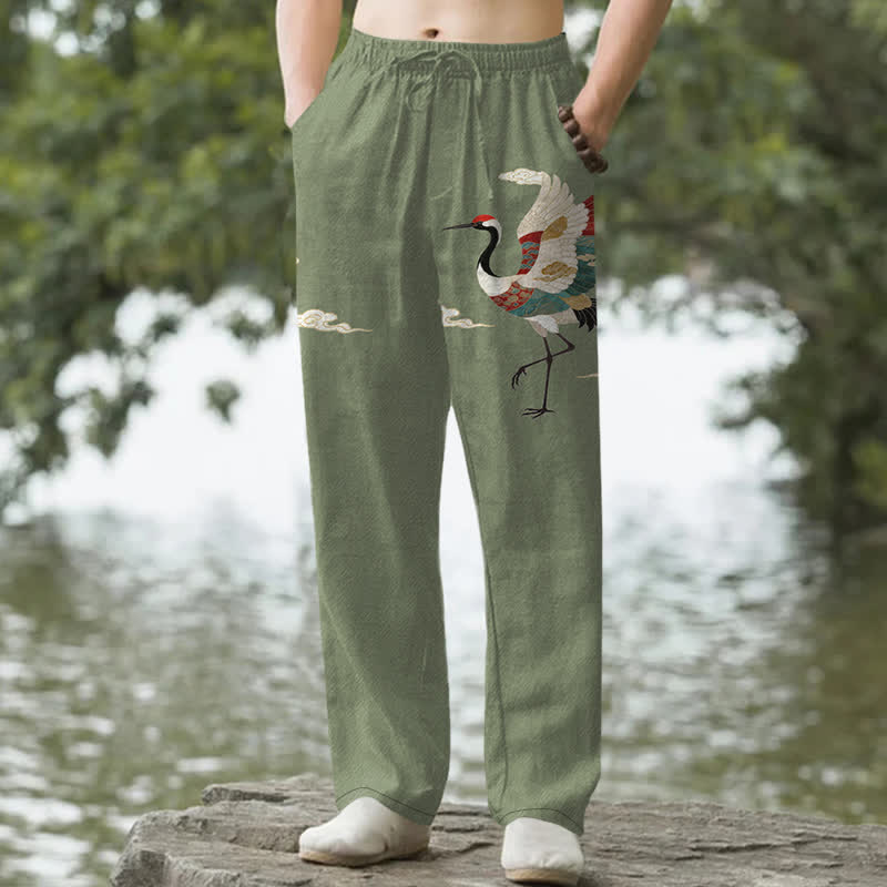 Buddha Stones Pantaloni da uomo affusolati in cotone bianco con motivo a onde e stampa gru, con tasche. - Verde oliva - US/UK/AU50, EU60 (5XL) - image 6
