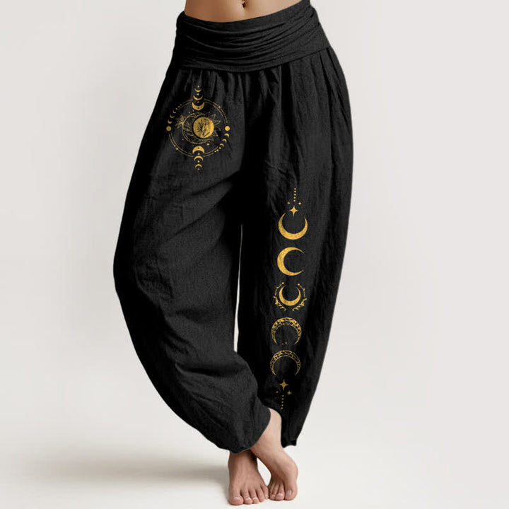 Buddha Stones Pantaloni harem da donna in puro cotone con motivo a fasi lunari dorate e vita elasticizzata. - Nero - US16, UK/AU20, EU48 (3XL) - image 0