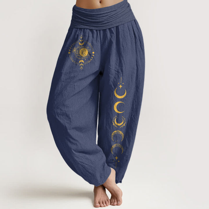 Buddha Stones Pantaloni harem da donna in puro cotone con motivo a fasi lunari dorate e vita elasticizzata. - Blu ardesia scuro - US16, UK/AU20, EU48 (3XL) - image 8
