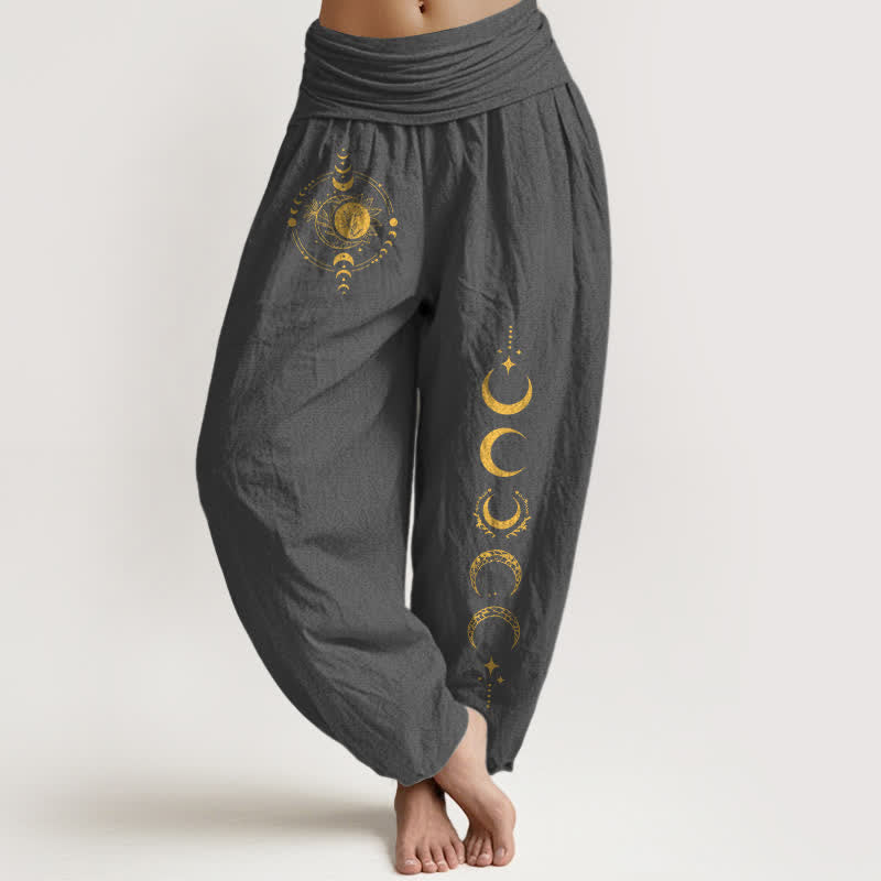 Buddha Stones Pantaloni harem da donna in puro cotone con motivo a fasi lunari dorate e vita elasticizzata. - Grigio tenue - US16, UK/AU20, EU48 (3XL) - image 5