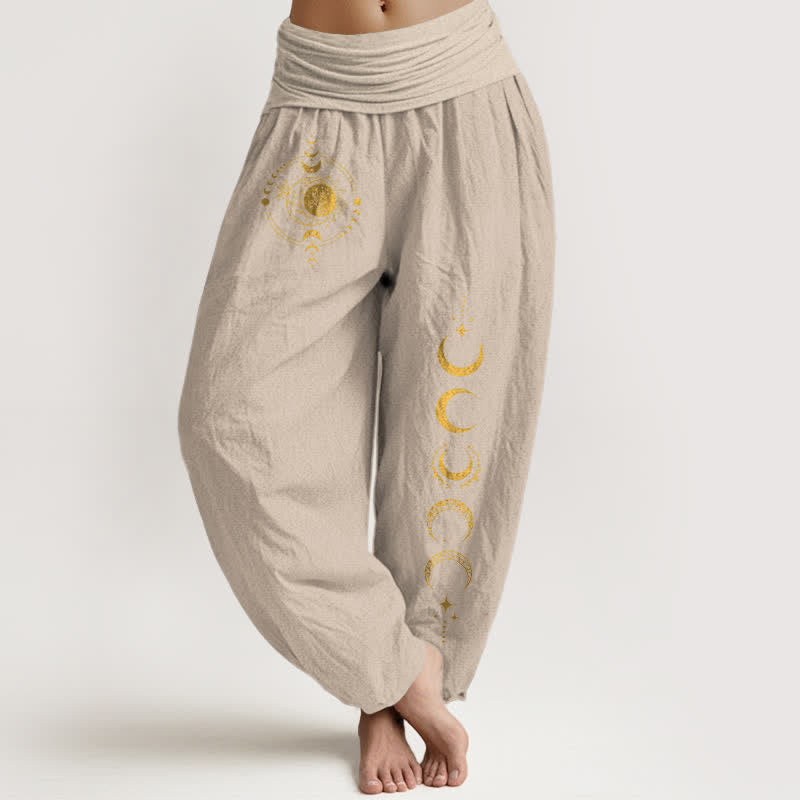 Buddha Stones Pantaloni harem da donna in puro cotone con motivo a fasi lunari dorate e vita elasticizzata. - Tan - US16, UK/AU20, EU48 (3XL) - image 14