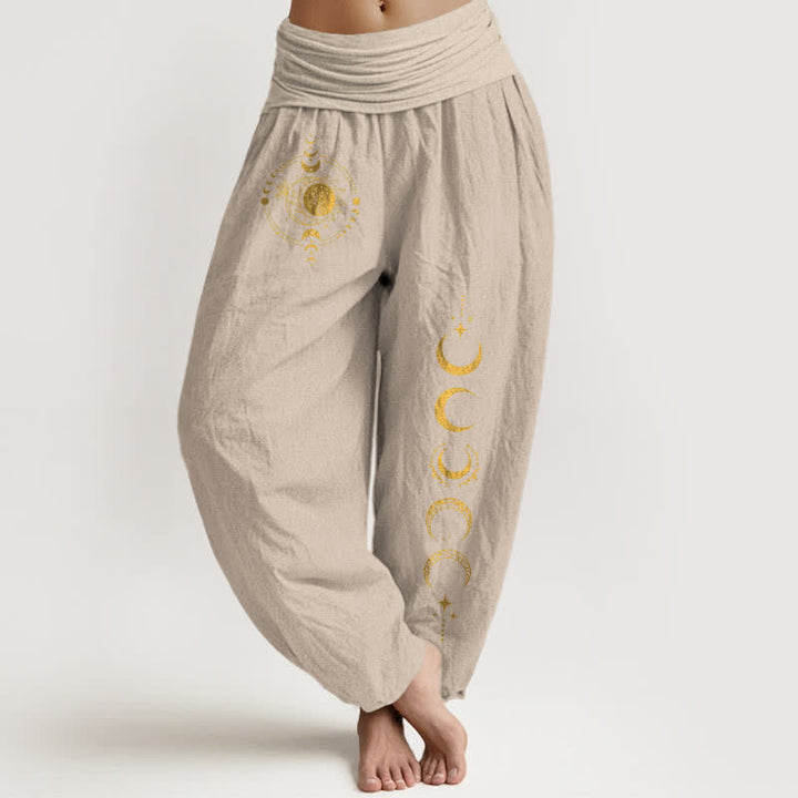 Buddha Stones Pantaloni harem da donna in puro cotone con motivo a fasi lunari dorate e vita elasticizzata. - Tan - US16, UK/AU20, EU48 (3XL) - image 14