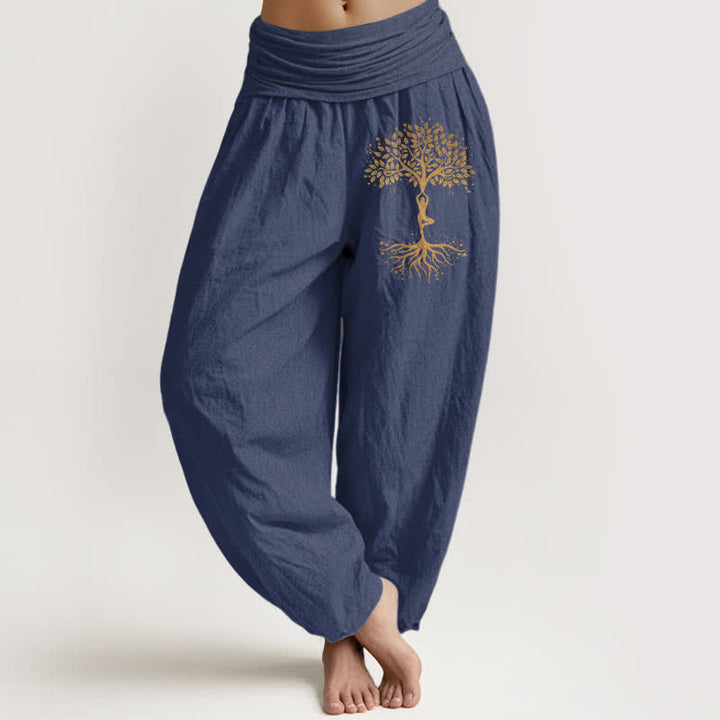 Buddha Stones Pantaloni harem da donna in puro cotone con motivo Albero della Vita dorato e vita elasticizzata - Blu ardesia scuro - US16, UK/AU20, EU48 (3XL) - image 5