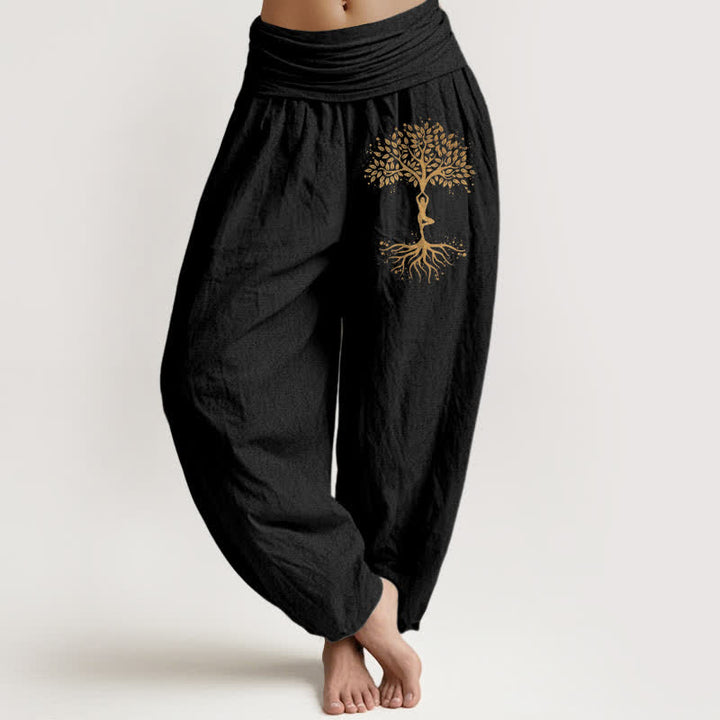 Buddha Stones Pantaloni harem da donna in puro cotone con motivo Albero della Vita dorato e vita elasticizzata - Nero - US16, UK/AU20, EU48 (3XL) - image 0