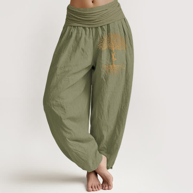 Buddha Stones Pantaloni harem da donna in puro cotone con motivo Albero della Vita dorato e vita elasticizzata - Verde oliva - US16, UK/AU20, EU48 (3XL) - image 11