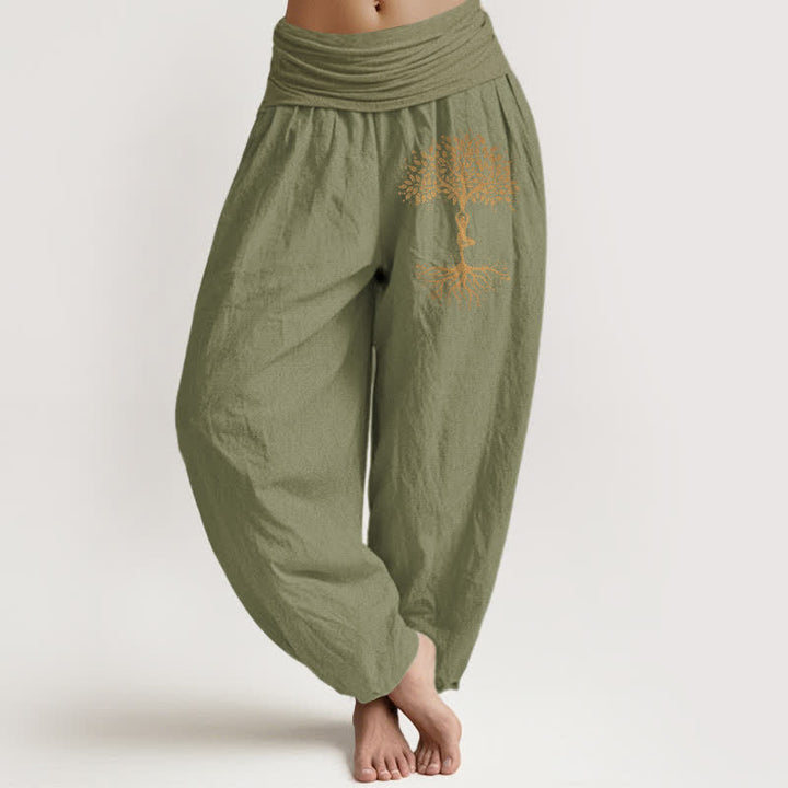Buddha Stones Pantaloni harem da donna in puro cotone con motivo Albero della Vita dorato e vita elasticizzata - Verde oliva - US16, UK/AU20, EU48 (3XL) - image 11