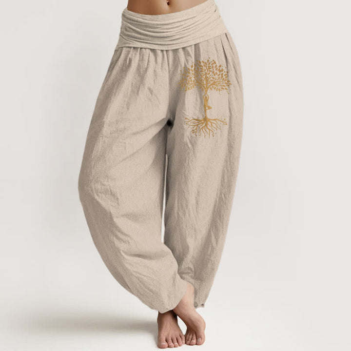 Buddha Stones Pantaloni harem da donna in puro cotone con motivo Albero della Vita dorato e vita elasticizzata - Tan - US16, UK/AU20, EU48 (3XL) - image 14