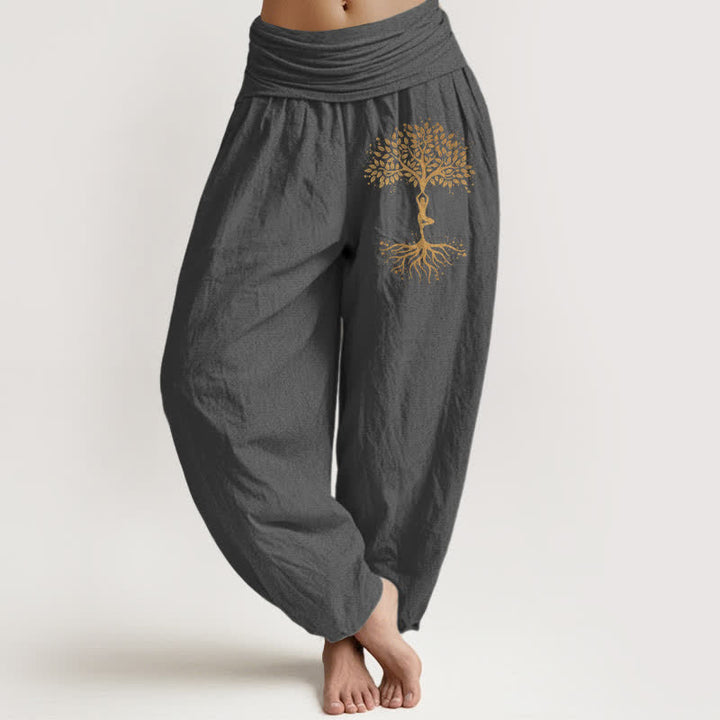 Buddha Stones Pantaloni harem da donna in puro cotone con motivo Albero della Vita dorato e vita elasticizzata - Grigio tenue - US16, UK/AU20, EU48 (3XL) - image 8