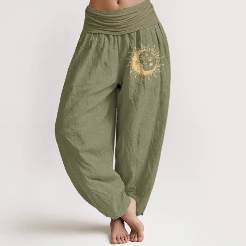 Buddha Stones Pantaloni harem da donna in puro cotone con motivo sole e luna dorati e vita elasticizzata. - Verde oliva - US16, UK/AU20, EU48 (3XL) - image 11