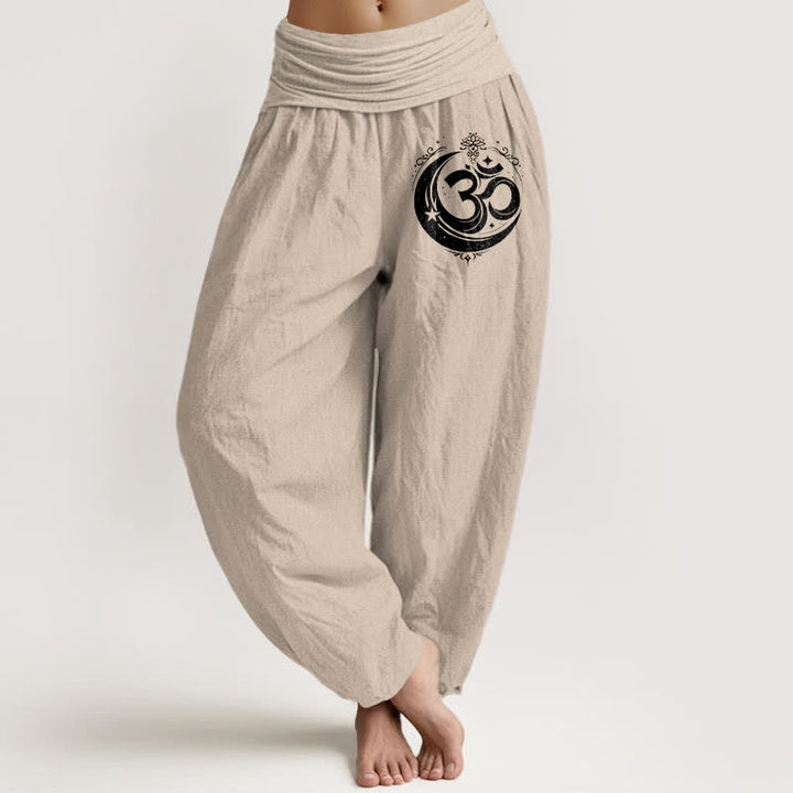Buddha Stones Pantaloni harem da donna in puro cotone con motivo Om sacro e vita elasticizzata. - Tan - US16, UK/AU20, EU48 (3XL) - image 14