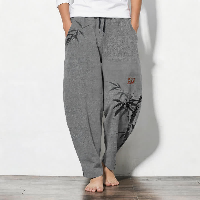 Buddha Stones Pantaloni da uomo affusolati con coulisse e tasche, in puro cotone, con stampa effetto bambù. - Grigio - US/UK/AU50, EU60 (5XL) - image 0