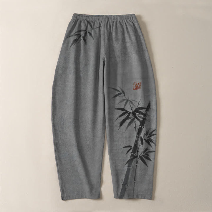 Buddha Stones Pantaloni da uomo affusolati con coulisse e tasche, in puro cotone, con stampa effetto bambù. - image 3