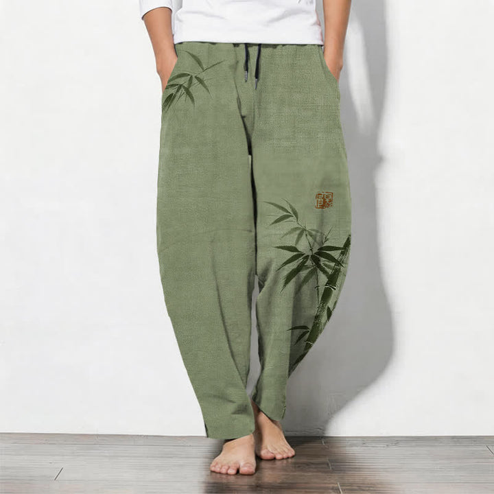 Buddha Stones Pantaloni da uomo affusolati con coulisse e tasche, in puro cotone, con stampa effetto bambù. - Verde oliva - US/UK/AU50, EU60 (5XL) - image 7