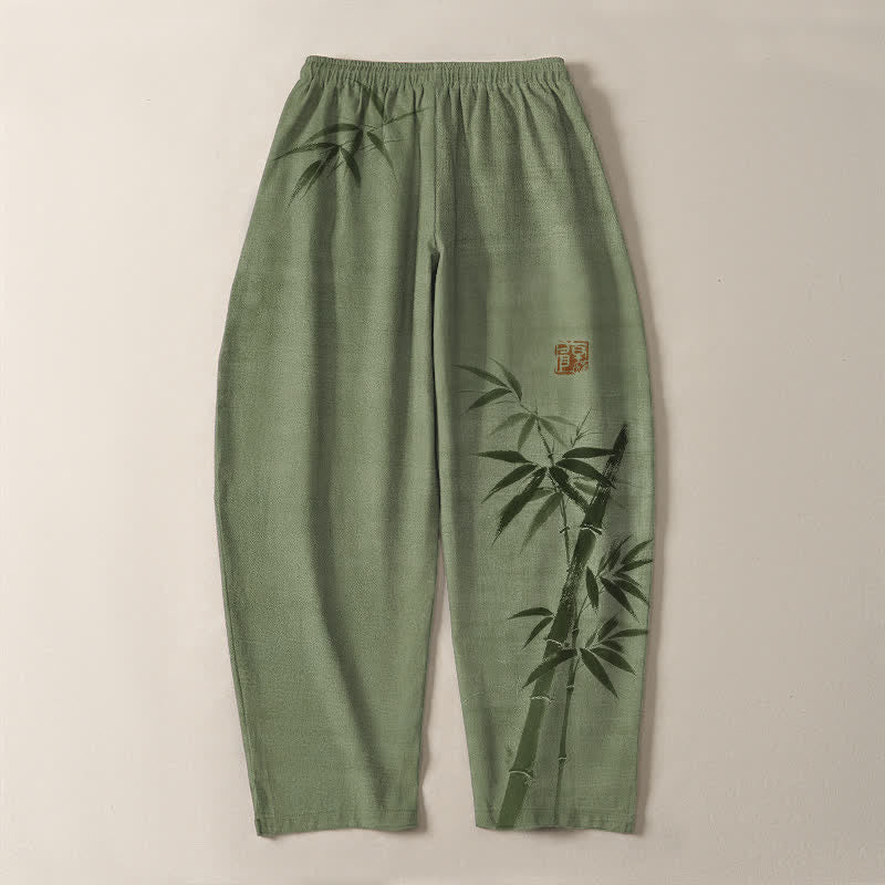 Buddha Stones Pantaloni da uomo affusolati con coulisse e tasche, in puro cotone, con stampa effetto bambù. - image 10
