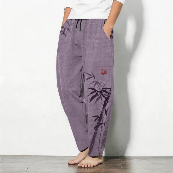 Buddha Stones Pantaloni da uomo affusolati con coulisse e tasche, in puro cotone, con stampa effetto bambù. - image 12