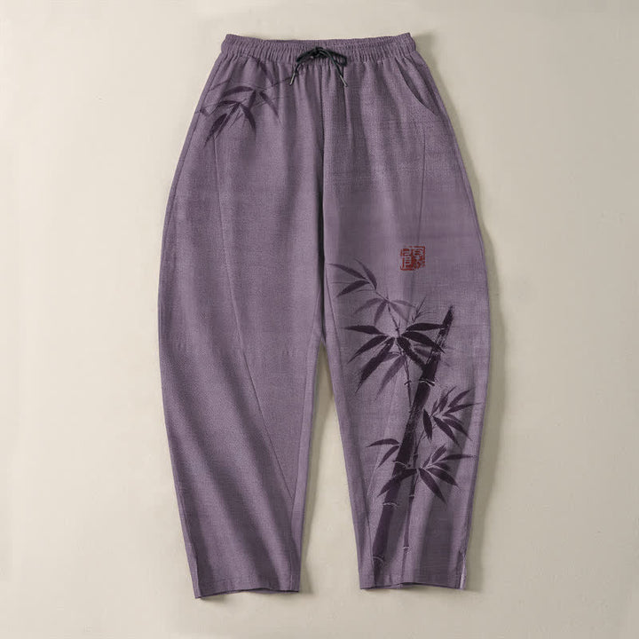 Buddha Stones Pantaloni da uomo affusolati con coulisse e tasche, in puro cotone, con stampa effetto bambù. - image 13