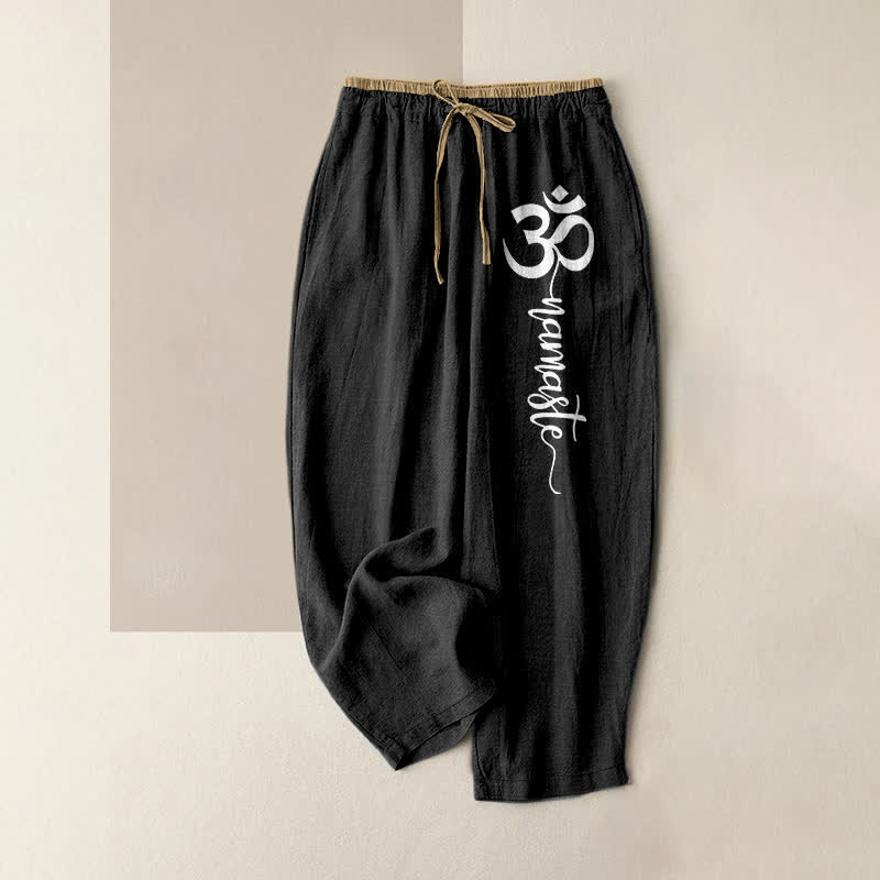 Buddha Stones Pantaloni da donna in puro cotone con elastico in vita e tasche, decorati con il simbolo Om. - Nero - US16, UK/AU20, EU48 (3XL) - image 4