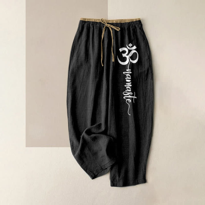 Buddha Stones Pantaloni da donna in puro cotone con elastico in vita e tasche, decorati con il simbolo Om. - Nero - US16, UK/AU20, EU48 (3XL) - image 4