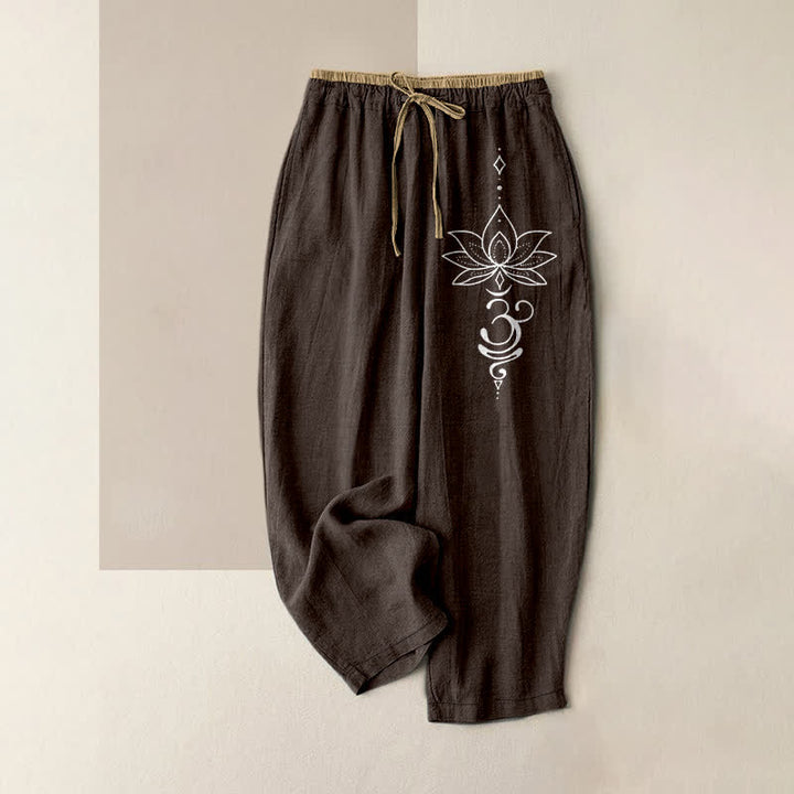 Buddha Stones Pantaloni da donna in puro cotone con elastico in vita e tasche, motivo Zen Lotus Om. - Marrone sella - US16, UK/AU20, EU48 (3XL) - image 4