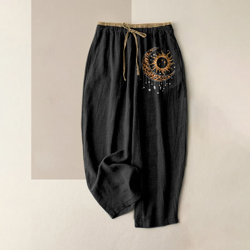 Buddha Stones Pantaloni da donna in puro cotone con elastico in vita e tasche, fantasia celeste sole e luna. - Nero - US16, UK/AU20, EU48 (3XL) - image 0