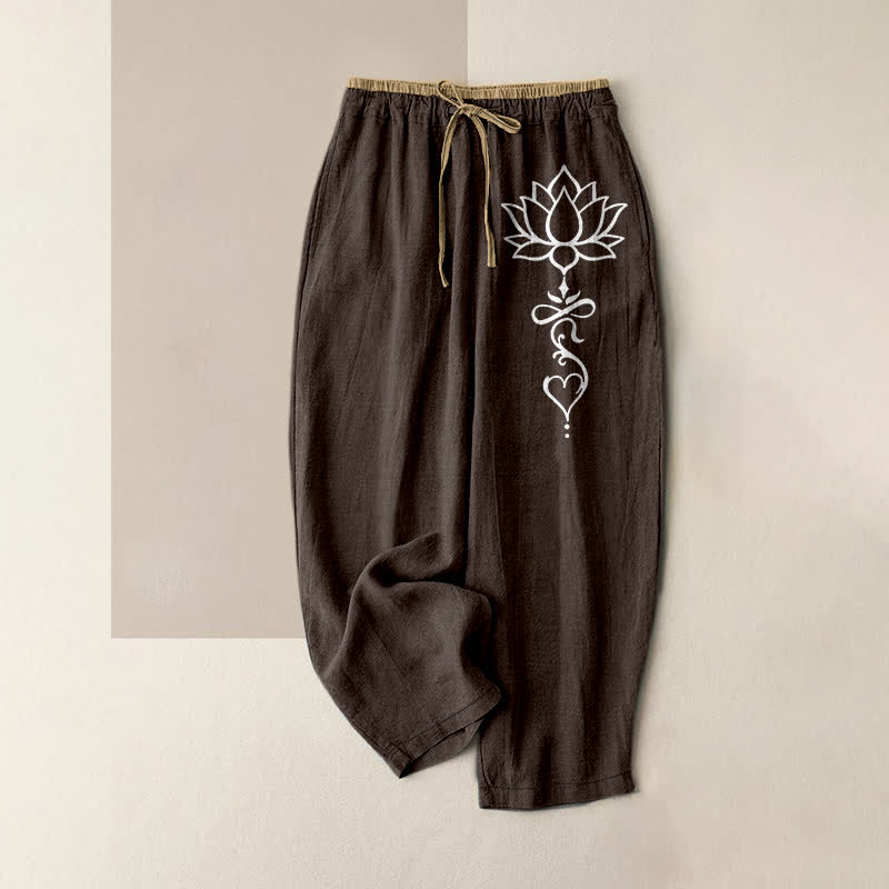 Buddha Stones Pantaloni da donna in puro cotone bianco con motivo a loto, elastico in vita e tasche. - Marrone sella - US16, UK/AU20, EU48 (3XL) - image 4