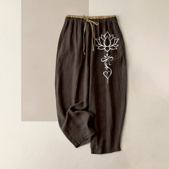Buddha Stones Pantaloni da donna in puro cotone bianco con motivo a loto, elastico in vita e tasche. - Marrone sella - US16, UK/AU20, EU48 (3XL) - image 4