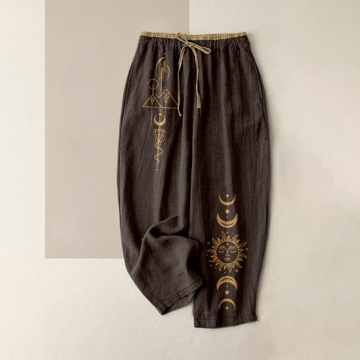Buddha Stones Pantaloni da donna in puro cotone con elastico in vita e tasche, fantasia celeste sole e luna. - Marrone sella - US16, UK/AU20, EU48 (3XL) - image 4