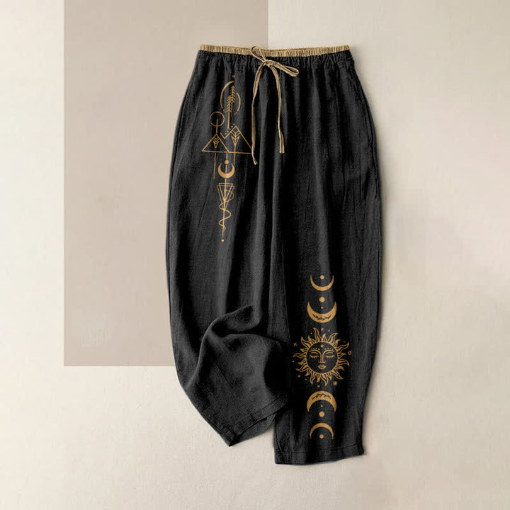 Buddha Stones Pantaloni da donna in puro cotone con elastico in vita e tasche, fantasia celeste sole e luna. - Nero - US16, UK/AU20, EU48 (3XL) - image 0