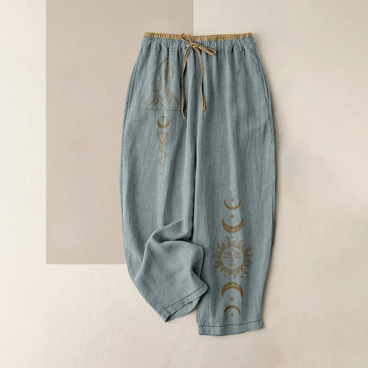 Buddha Stones Pantaloni da donna in puro cotone con elastico in vita e tasche, fantasia celeste sole e luna. - Azzurro chiaro - US16, UK/AU20, EU48 (3XL) - image 8