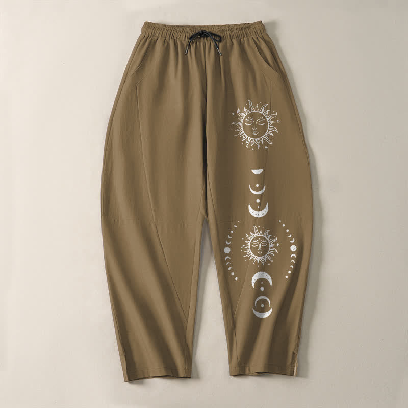 Buddha Stones Pantaloni da uomo affusolati in puro cotone con coulisse e tasche, con motivo a fasi lunari e sole. - image 9