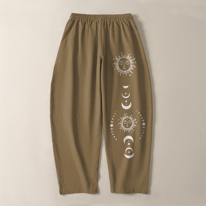 Buddha Stones Pantaloni da uomo affusolati in puro cotone con coulisse e tasche, con motivo a fasi lunari e sole. - image 10