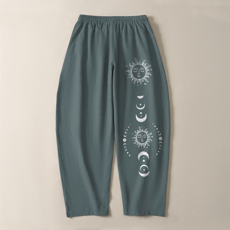 Buddha Stones Pantaloni da uomo affusolati in puro cotone con coulisse e tasche, con motivo a fasi lunari e sole. - image 14