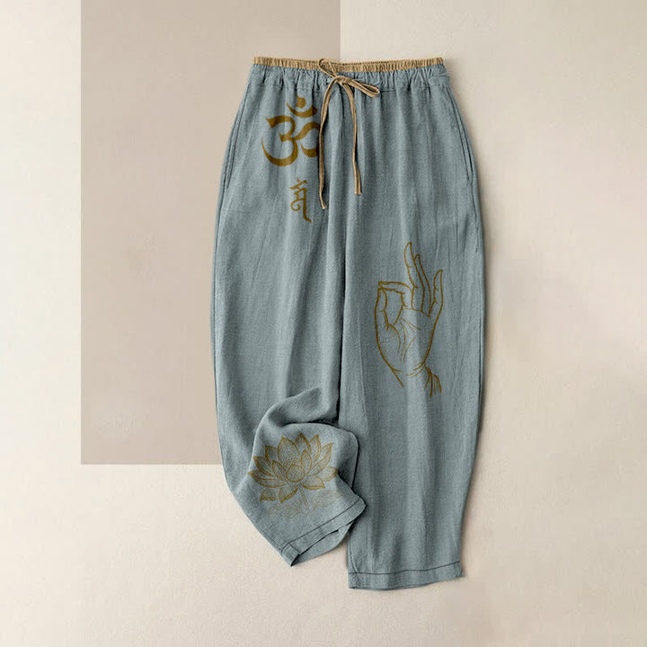 Buddha Stones Pantaloni da donna in puro cotone con elastico in vita e tasche, con motivo sacro Om Lotus e vita elasticizzata. - Azzurro chiaro - US16, UK/AU20, EU48 (3XL) - image 8