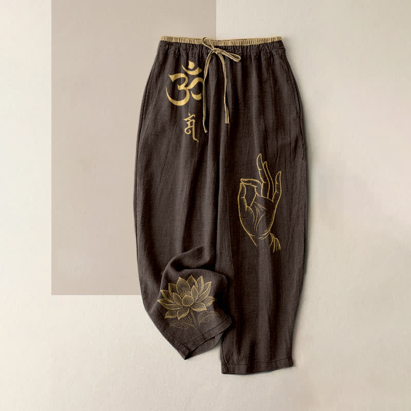 Buddha Stones Pantaloni da donna in puro cotone con elastico in vita e tasche, con motivo sacro Om Lotus e vita elasticizzata. - Marrone sella - US16, UK/AU20, EU48 (3XL) - image 4