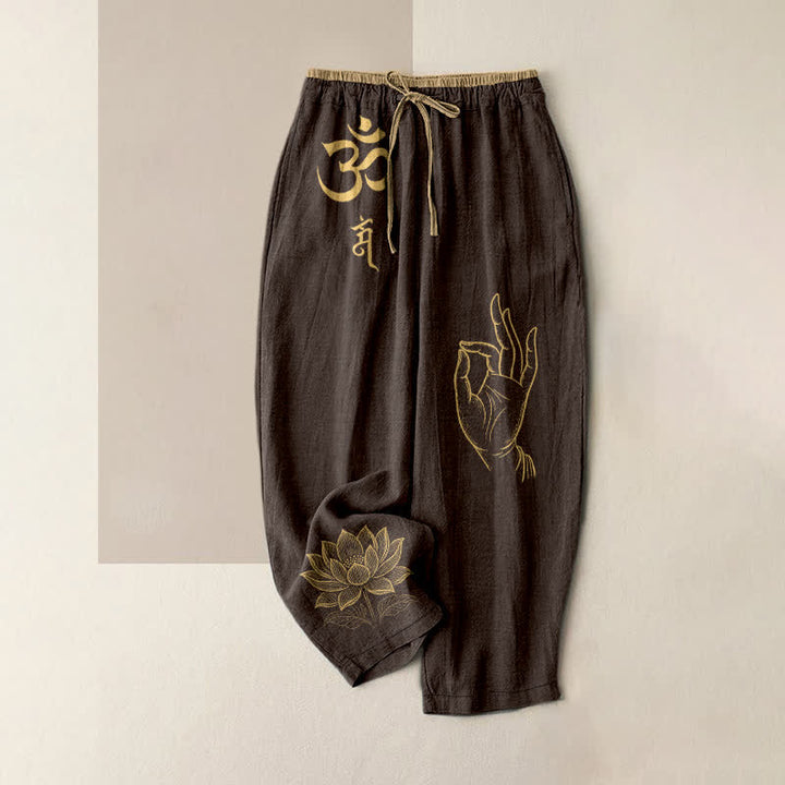 Buddha Stones Pantaloni da donna in puro cotone con elastico in vita e tasche, con motivo sacro Om Lotus e vita elasticizzata. - Marrone sella - US16, UK/AU20, EU48 (3XL) - image 4