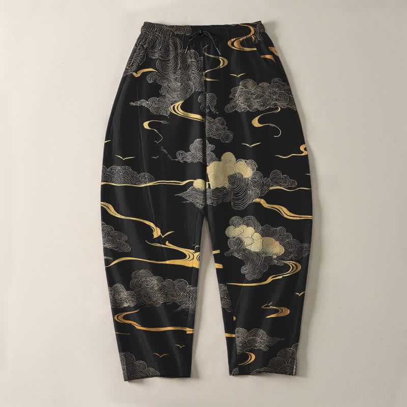 Buddha Stones Pantaloni da uomo affusolati in puro cotone con motivo a onde e nuvole dorate, con coulisse e tasche. - image 2