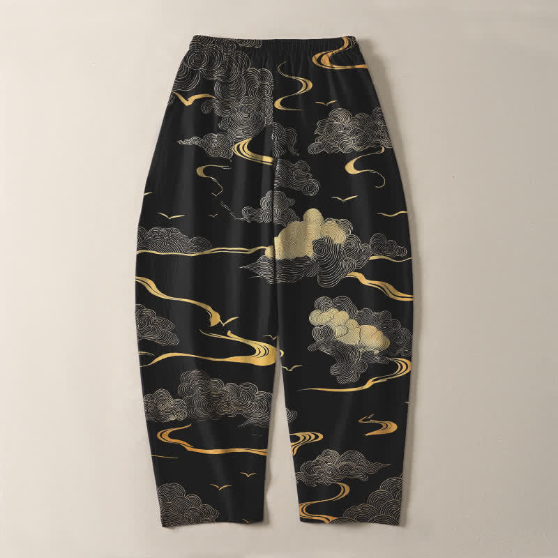 Buddha Stones Pantaloni da uomo affusolati in puro cotone con motivo a onde e nuvole dorate, con coulisse e tasche. - image 3