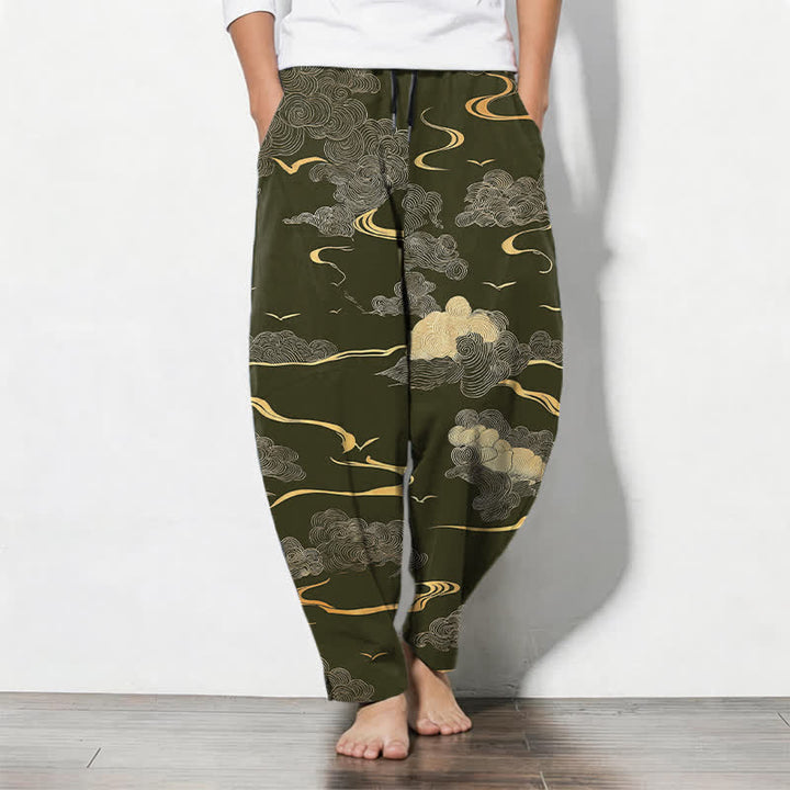 Buddha Stones Pantaloni da uomo affusolati in puro cotone con motivo a onde e nuvole dorate, con coulisse e tasche. - Verde oliva scuro - US/UK/AU50, EU60 (5XL) - image 7