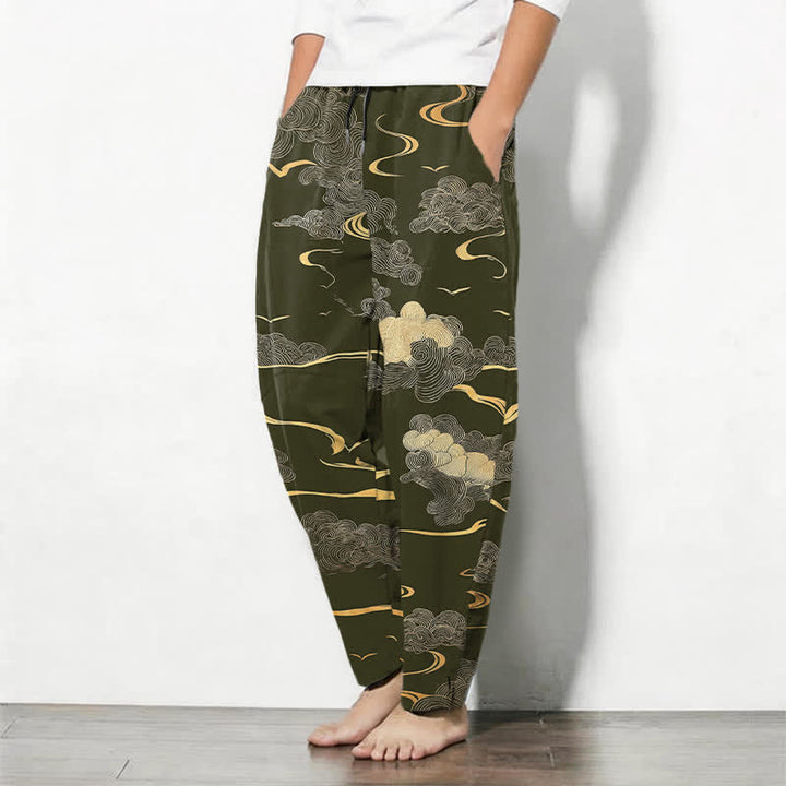 Buddha Stones Pantaloni da uomo affusolati in puro cotone con motivo a onde e nuvole dorate, con coulisse e tasche. - image 8