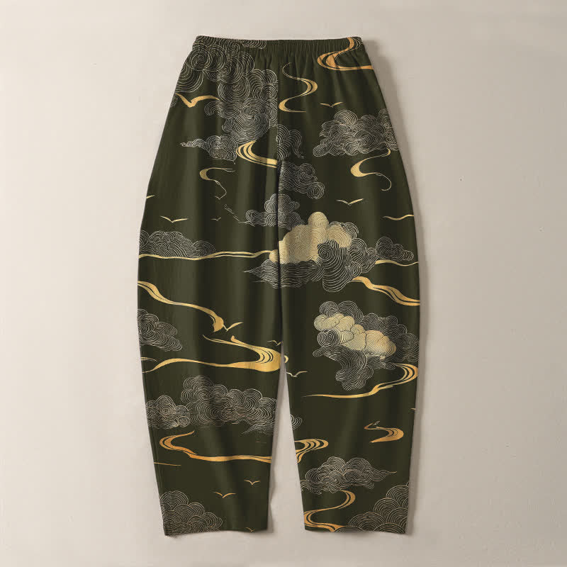 Buddha Stones Pantaloni da uomo affusolati in puro cotone con motivo a onde e nuvole dorate, con coulisse e tasche. - image 10