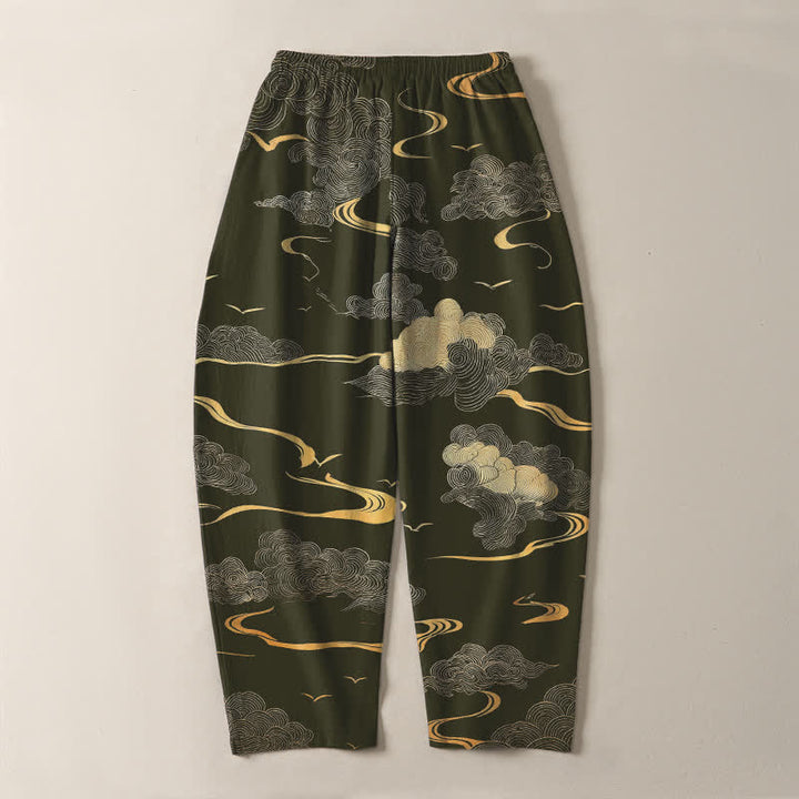 Buddha Stones Pantaloni da uomo affusolati in puro cotone con motivo a onde e nuvole dorate, con coulisse e tasche. - image 10