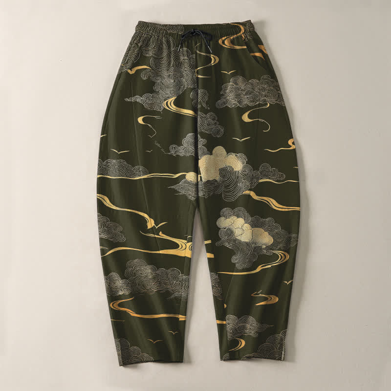 Buddha Stones Pantaloni da uomo affusolati in puro cotone con motivo a onde e nuvole dorate, con coulisse e tasche. - image 9