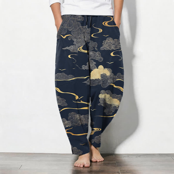 Buddha Stones Pantaloni da uomo affusolati in puro cotone con motivo a onde e nuvole dorate, con coulisse e tasche. - Marina - US/UK/AU50, EU60 (5XL) - image 11