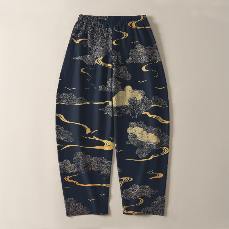 Buddha Stones Pantaloni da uomo affusolati in puro cotone con motivo a onde e nuvole dorate, con coulisse e tasche. - image 14