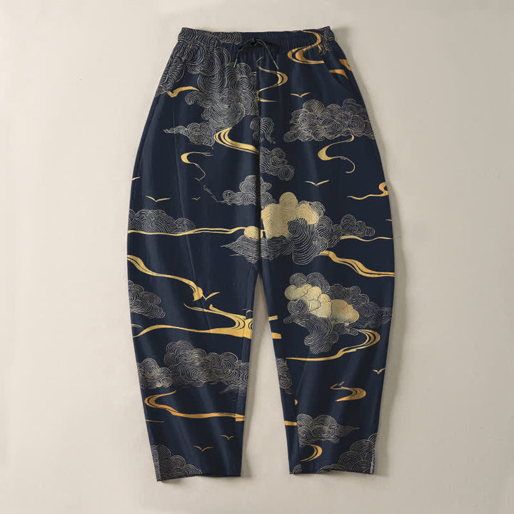 Buddha Stones Pantaloni da uomo affusolati in puro cotone con motivo a onde e nuvole dorate, con coulisse e tasche. - image 13