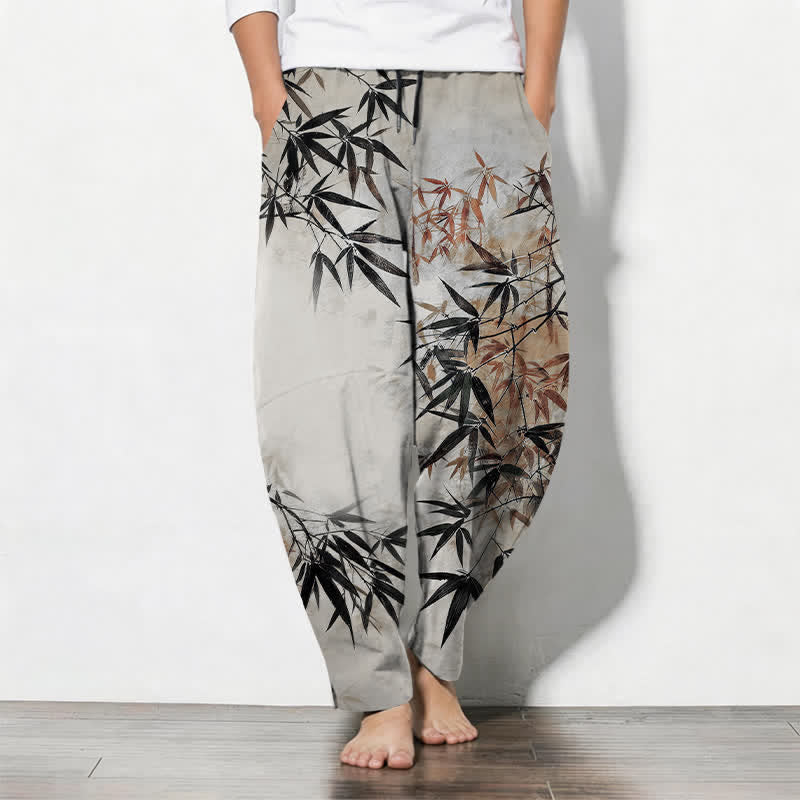 Buddha Stones Pantaloni da uomo affusolati con coulisse e tasche, in puro cotone, con stampa a foglie di bambù e motivo a inchiostro. - Gainsboro - US/UK/AU50, EU60 (5XL) - image 0
