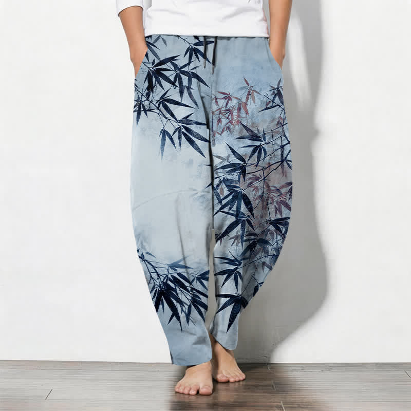 Buddha Stones Pantaloni da uomo affusolati con coulisse e tasche, in puro cotone, con stampa a foglie di bambù e motivo a inchiostro. - Azzurro chiaro - US/UK/AU50, EU60 (5XL) - image 7