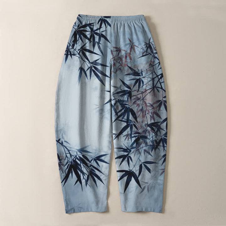 Buddha Stones Pantaloni da uomo affusolati con coulisse e tasche, in puro cotone, con stampa a foglie di bambù e motivo a inchiostro. - image 10