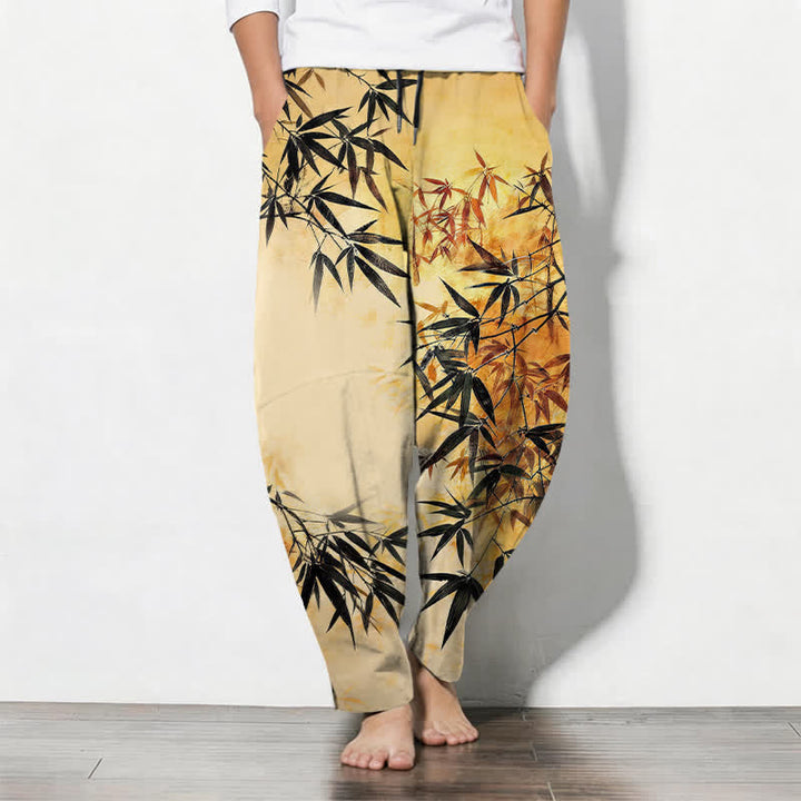 Buddha Stones Pantaloni da uomo affusolati con coulisse e tasche, in puro cotone, con stampa a foglie di bambù e motivo a inchiostro. - Oro - US/UK/AU50, EU60 (5XL) - image 11