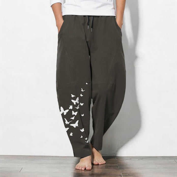 Buddha Stones Pantaloni da uomo affusolati in puro cotone bianco con motivo a farfalle e coulisse, con tasche. - Nero - US/UK/AU50, EU60 (5XL) - image 0